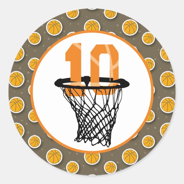 Pegatina Redonda Baloncesto 10 cumpleaños con número en mini aro (Anverso)