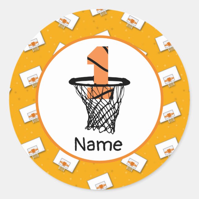 Pegatina Redonda Baloncesto 1er cumpleaños con número en mini aro (Anverso)