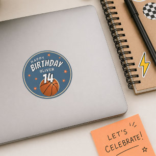 Pegatina Redonda Baloncesto Balón Deportes Feliz Cumpleaños