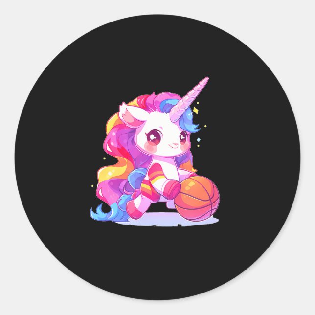 Pegatina Redonda Baloncesto deportivo de Cute Unicorn (Anverso)