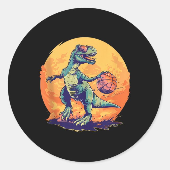 Pegatina Redonda Baloncesto Dino T-rex Drawing Basketball Player Ar (Anverso)