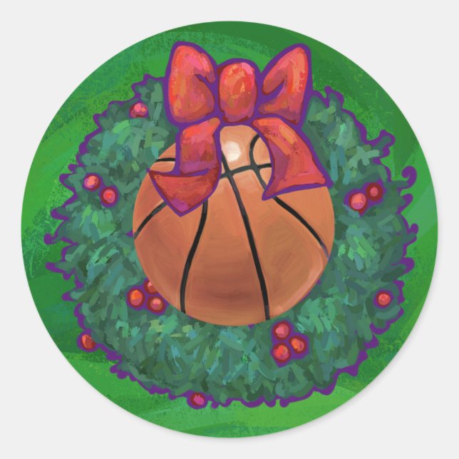Pegatina Redonda Baloncesto en Wreath Navidades (Anverso)