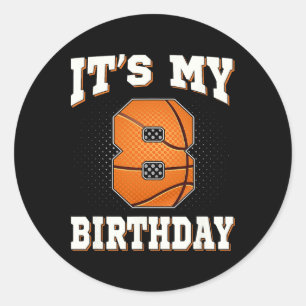 Pegatina Redonda Baloncesto es mi octavo cumpleaños, niño de 8 años