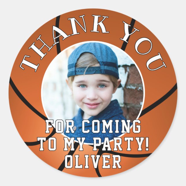Pegatina Redonda Baloncesto Niños Ball Foto Cumpleaños Gracias (Anverso)