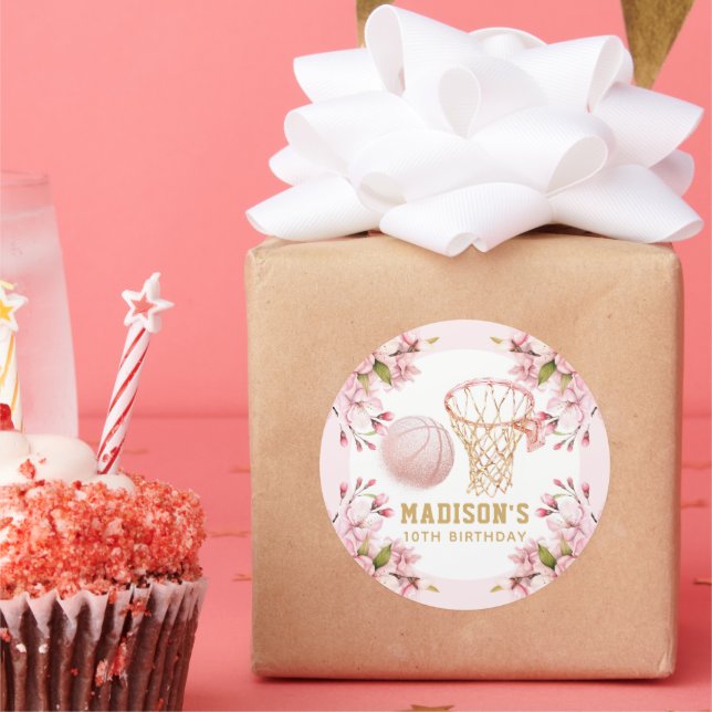 Pegatina Redonda Baloncesto personalizado de cumpleaños chica (Fiesta)