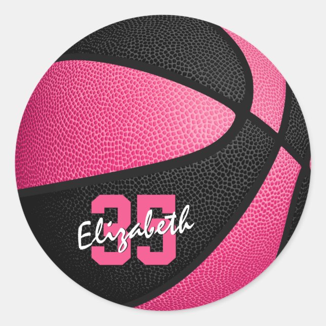 Pegatina Redonda baloncesto personalizado giratorio rosa negro (Anverso)