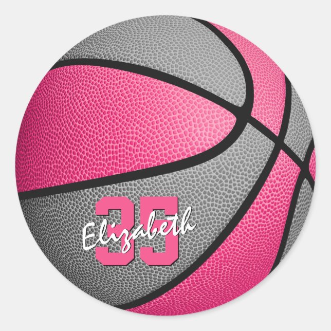 Pegatina Redonda baloncesto personalizado gris rosado (Anverso)