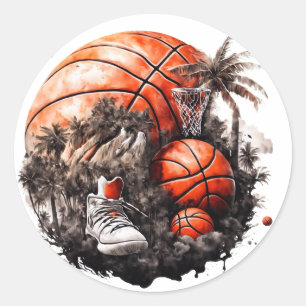 Pegatina Redonda Baloncesto y zapatos de hierba con palmeras