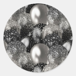 Pegatina Redonda Balones Cumpleaños Fiesta Purpurina de Plata Negra