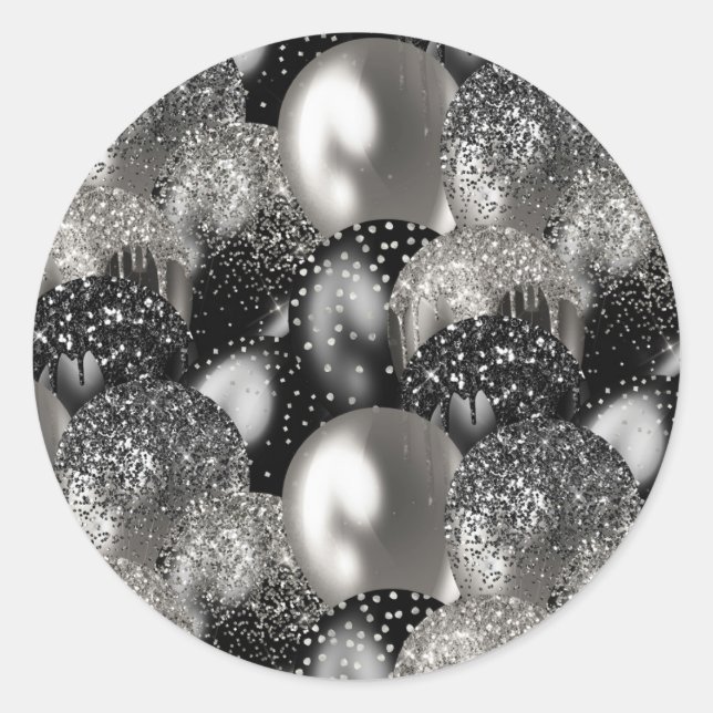 Pegatina Redonda Balones Cumpleaños Fiesta Purpurina de Plata Negra (Anverso)