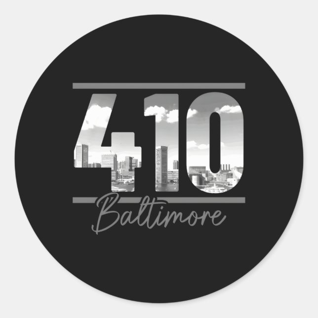 Pegatina Redonda Baltimore 410 Area Code Skyline Maryland (Anverso)