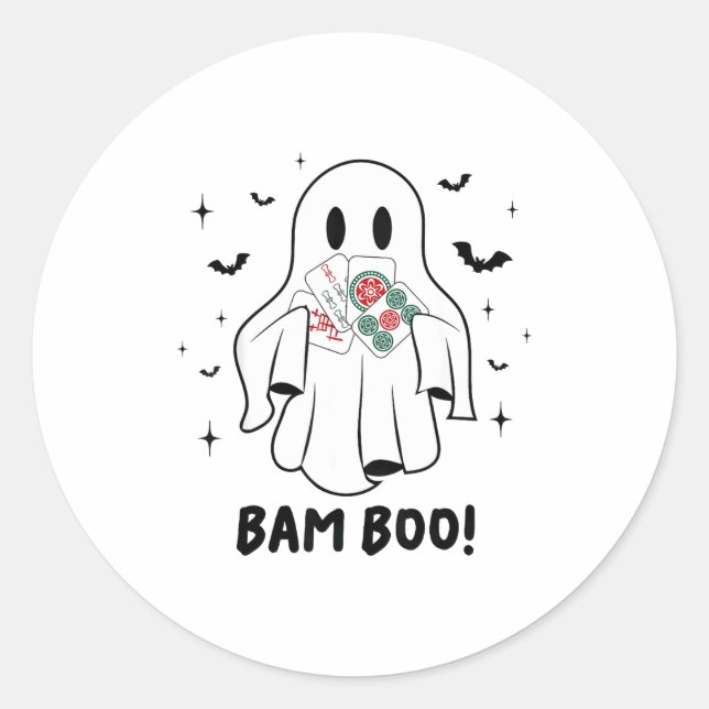 Pegatina Redonda Bam Boo Halloween Ghost Mahjong Funny Costume Game (Anverso)