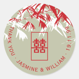 Pegatina Redonda Bamboo rojo y mosca deja a Boda chino Shuang Xi