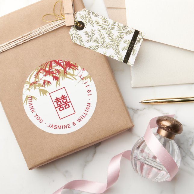 Pegatina Redonda Bambú rojo y oro deja Boda asiático zen moderno (Regalar)