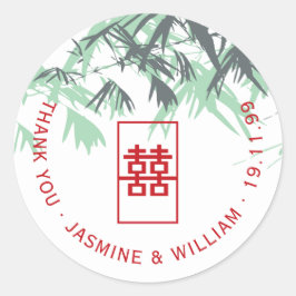 Pegatina Redonda Bambú verde de menta deja a Boda chino Shuang Xi