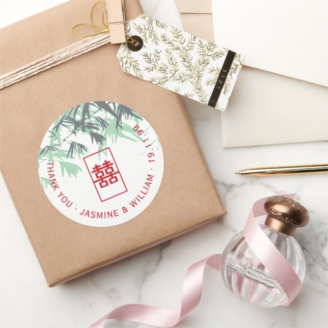 Pegatina Redonda Bambú verde de menta deja a Boda chino Shuang Xi (Regalar)