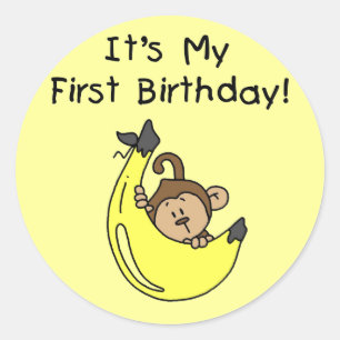 Pegatina Redonda Banana - Boy Monkey Primer cumpleaños