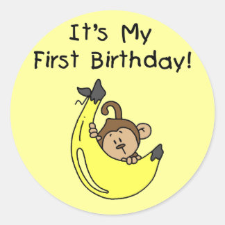 Pegatina Redonda Banana - Boy Monkey Primer cumpleaños