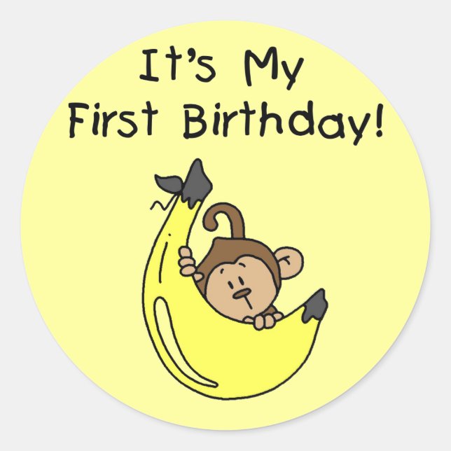 Pegatina Redonda Banana - Boy Monkey Primer cumpleaños (Anverso)