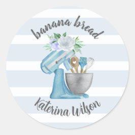 Pegatina Redonda Banana Bread Label Blue Flower Mixer Small Bakery