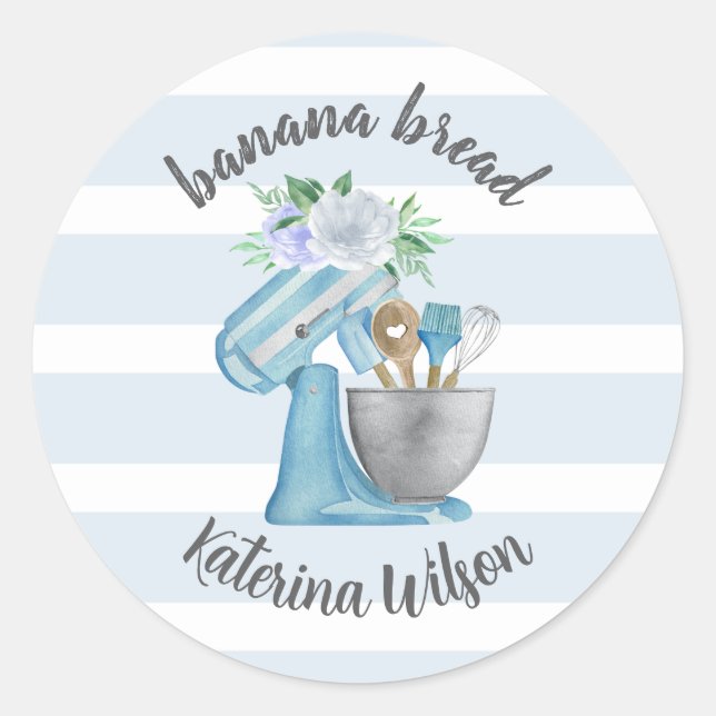 Pegatina Redonda Banana Bread Label Blue Flower Mixer Small Bakery (Anverso)