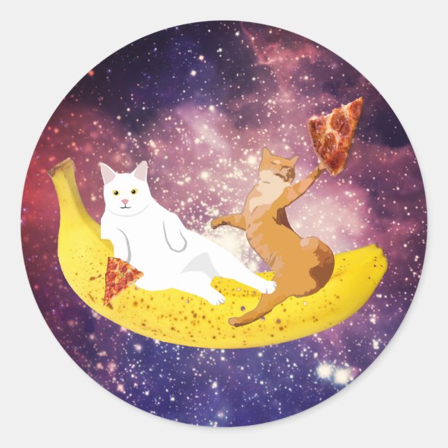 Pegatina Redonda Banana de cabalgar gato en galaxia (Anverso)