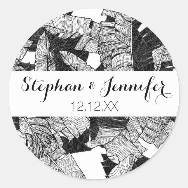 Pegatina Redonda Bananas tropicales blancas y negras modernas (Anverso)