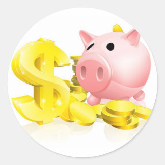 Pegatina Redonda Banca de cerditos con signo de dólar