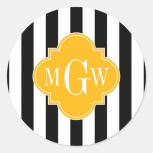 Pegatina Redonda Banda blanca negra Goldenrod Quatrefoil 3 Monogram