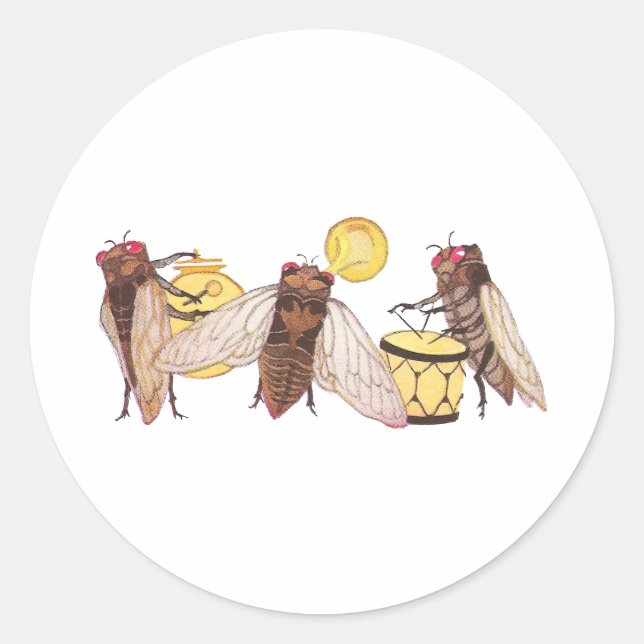 Pegatina Redonda Banda Cicada con Gong, Trumpet y Drum (Anverso)