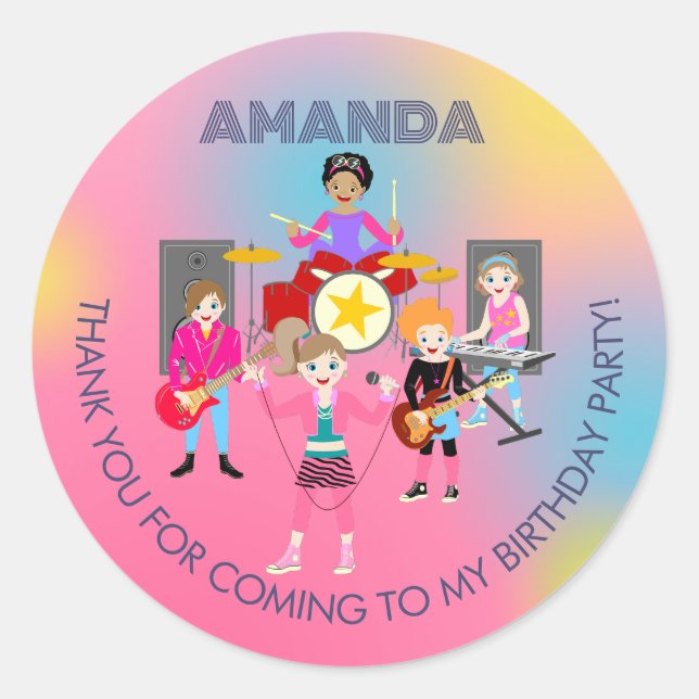 Pegatina Redonda Banda de chicas de música retro Birthday Party (Anverso)