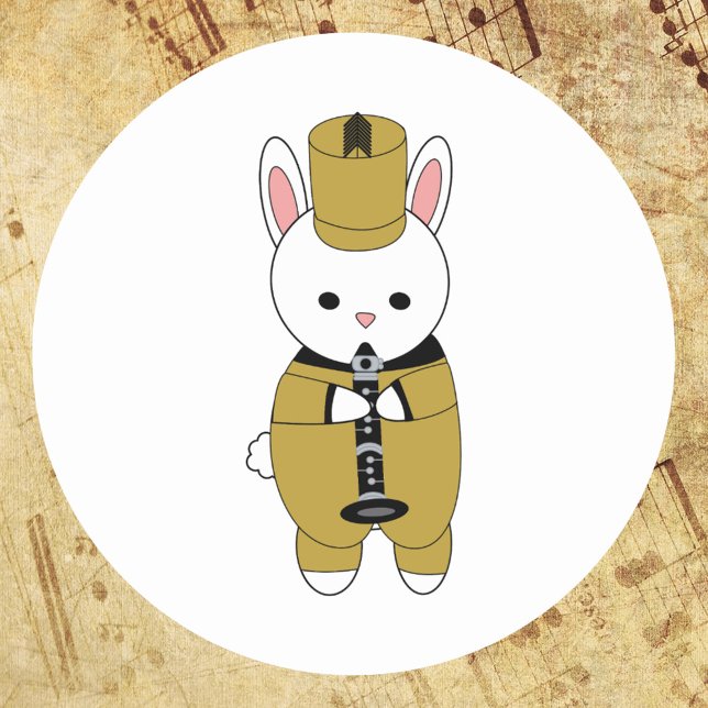 Pegatina Redonda Banda de marcha de conejo Clarinet Gold Black (A sticker of a rabbit playing the clarinet while wearing a black and gold marching band uniform)