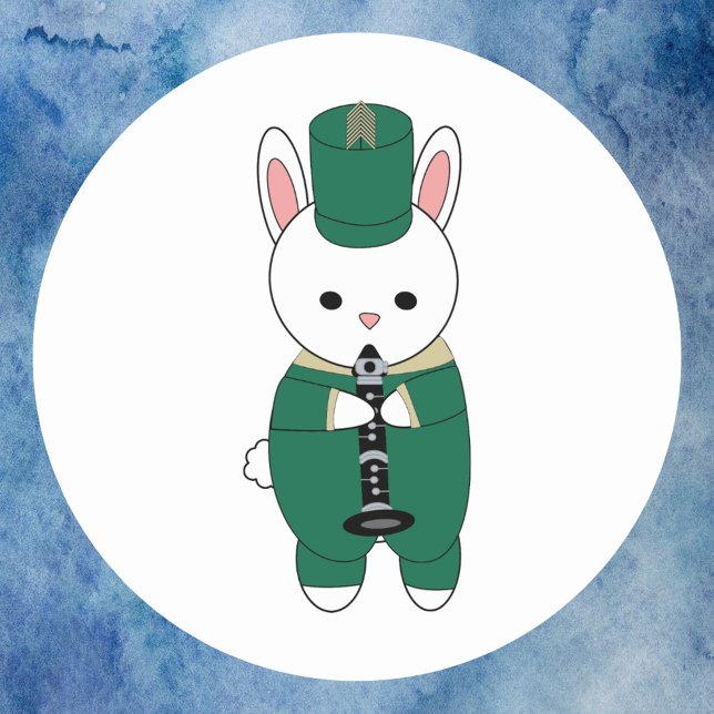 Pegatina Redonda Banda de marcha de conejo clarinete dorado verde (A sticker with a white rabbit playing clarinet in a green & gold marching band uniform.)