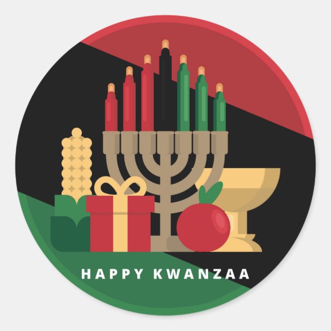 Pegatina Redonda banda diagonal Happy Kwanzaa (Anverso)