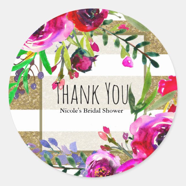 Pegatina Redonda Bandas blancas de oro Negrita Glam Floral Bridal S (Anverso)