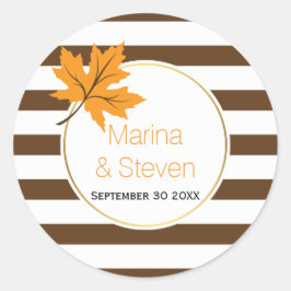 Pegatina Redonda Bandas blancas marrones y boda de caída de hojas d