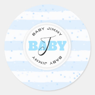 Pegatina Redonda Bandas de bebé monogramadas azul y blanco