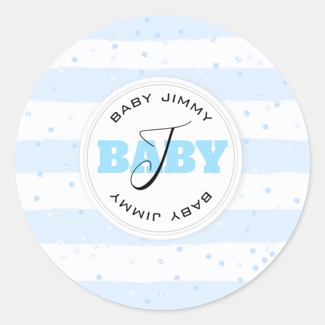 Pegatina Redonda Bandas de bebé monogramadas azul y blanco (Anverso)
