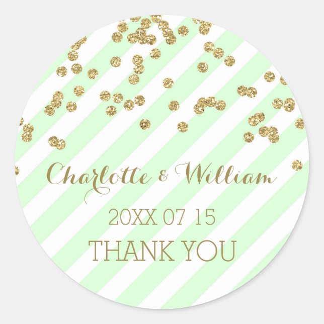 Pegatina Redonda Bandas De Mint Stripes Gold Confetti Bolsas Favor  (Anverso)
