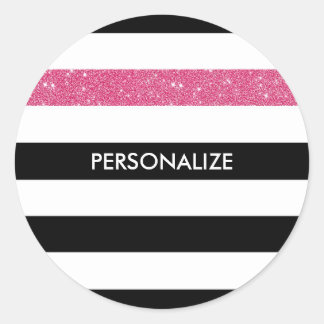 Pegatina Redonda Bandas negras modernas FAUX Glitz rosa y nombre