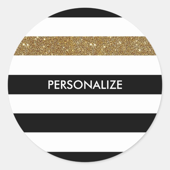 Pegatina Redonda Bandas negras modernas FAUX Gold Glitz y nombre (Anverso)