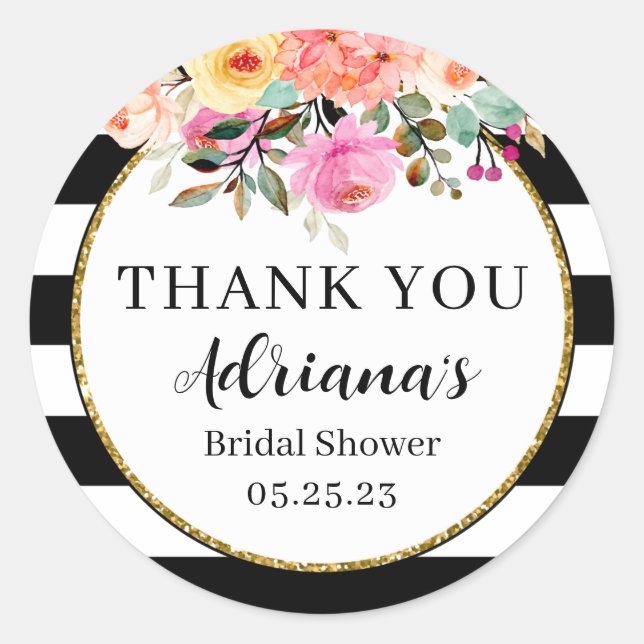 Pegatina Redonda Bandas negras y blancas Favoritos florales (Anverso)