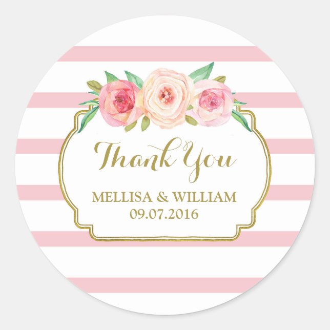Pegatina Redonda Bandas Rosas Bandas Favor de Boda Floral Rosa Dora (Anverso)