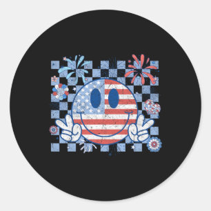 Pegatina Redonda Bandera Americana 4 De Julio Groovy Sonriente Cont