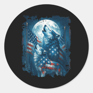 Pegatina Redonda Bandera Americana 4 De Julio Lobo Aullando Luna Lo