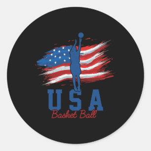 Pegatina Redonda Bandera Americana Baloncesto 4 De Julio Apoya A Ee