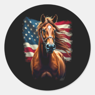Pegatina Redonda Bandera Americana Caballo Ecuestre