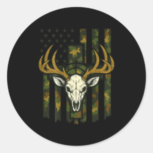 Pegatina Redonda Bandera Americana de Camuflaje Cráneo de Alce Caza