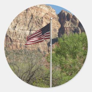 Pegatina Redonda Bandera Americana en el Parque Nacional Zion II