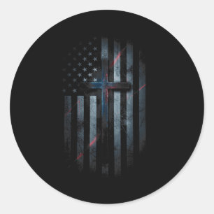 Pegatina Redonda Bandera Americana Grunge Y Cruz Fe Familia Liberta